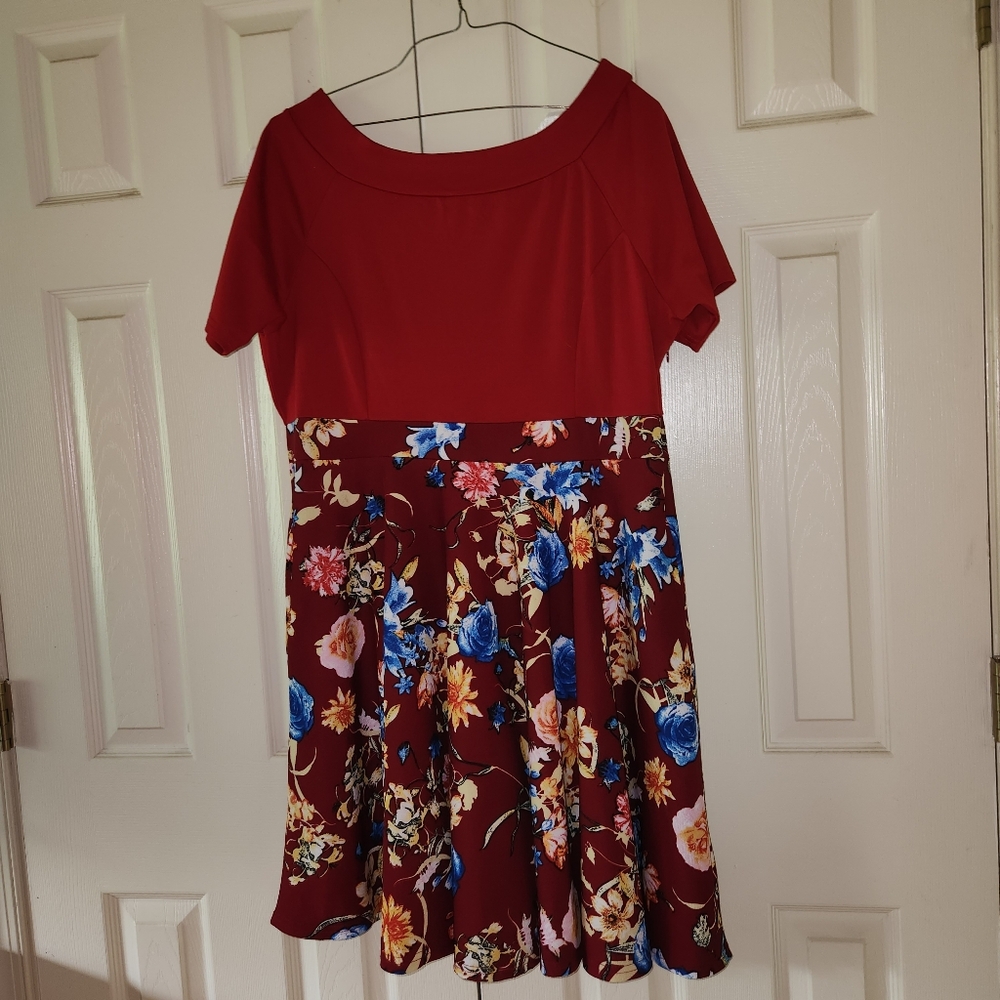 Red Short Sleeve Midi Dress with Floral Skirt
